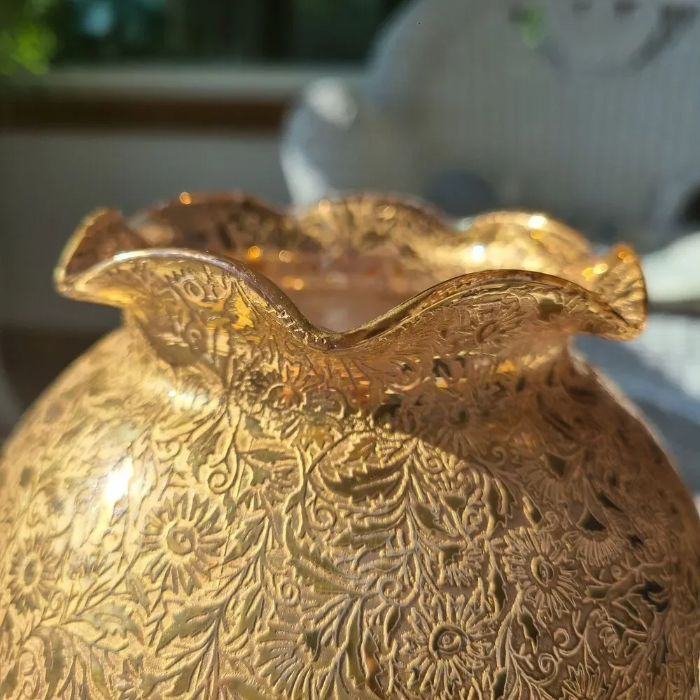 Vintage Glastonbury Lotus 22K Gold Encrusted Rose Bowl Globe Vase Ruffled Rim
